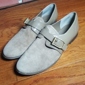 Franco Sarto buckle taupe suede shoes